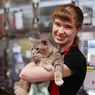 Person holding a cat in shelter