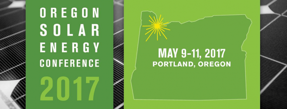 Solar panels in the background with 2017 Oregon Solar Energy Conference dates