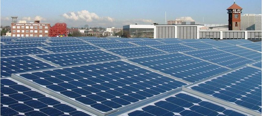 Solar array on top of the EcoTrust building in Portland, Oregon.