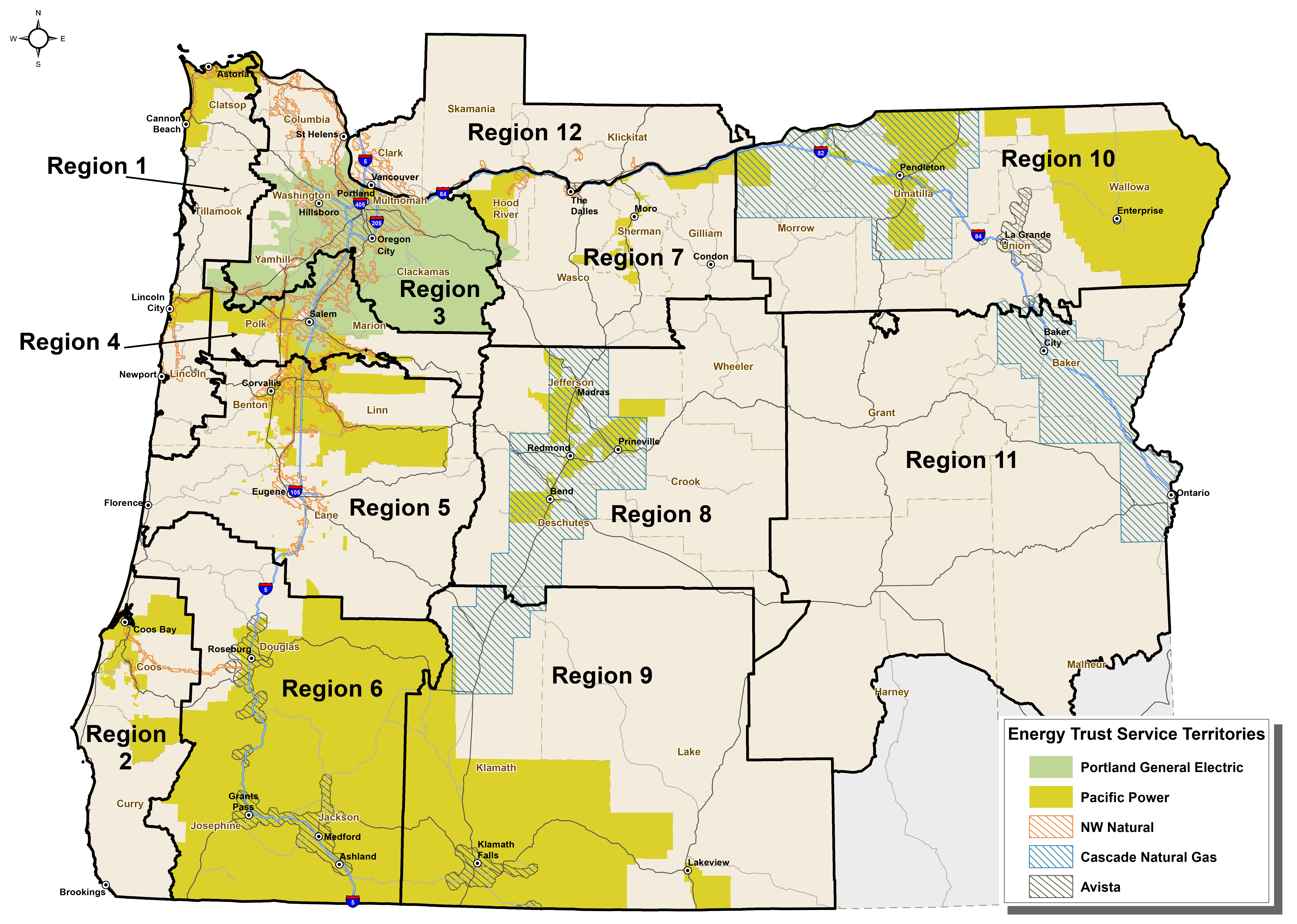 Map of Oregon showing Trade Ally Service Regions