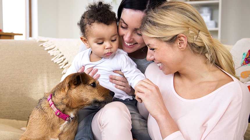 Photograph of women with baby and dog