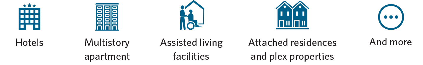Hotels, Multistory Apartments, Assisted Living Facilities, Attached residences and plex properties, Other